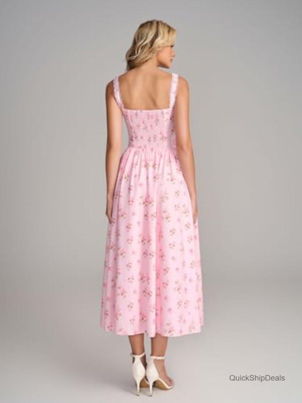 Women's Lace Corset Midi Dress Flowy Smocked A-Line with Pockets - Picture 3 of 7